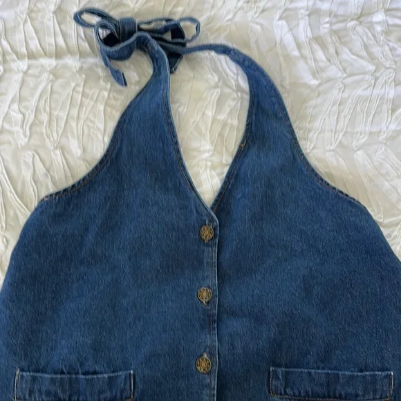 Denim Halter Vest with Button Details - Picture 2 of 4